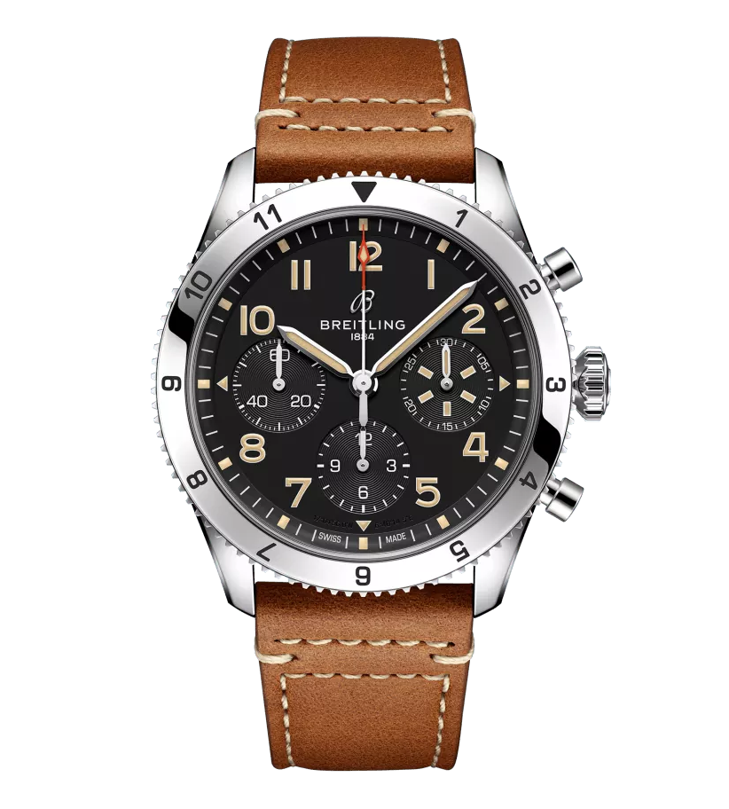 Breitling Classic AVI Chronograph 42 P-51 Mustang Watch with a Gold Brown Leather Strap
